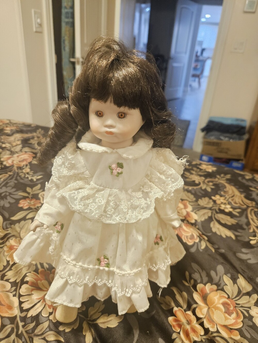 Vintage Brinn's White Lace Porcelain Doll in Cream Dress
